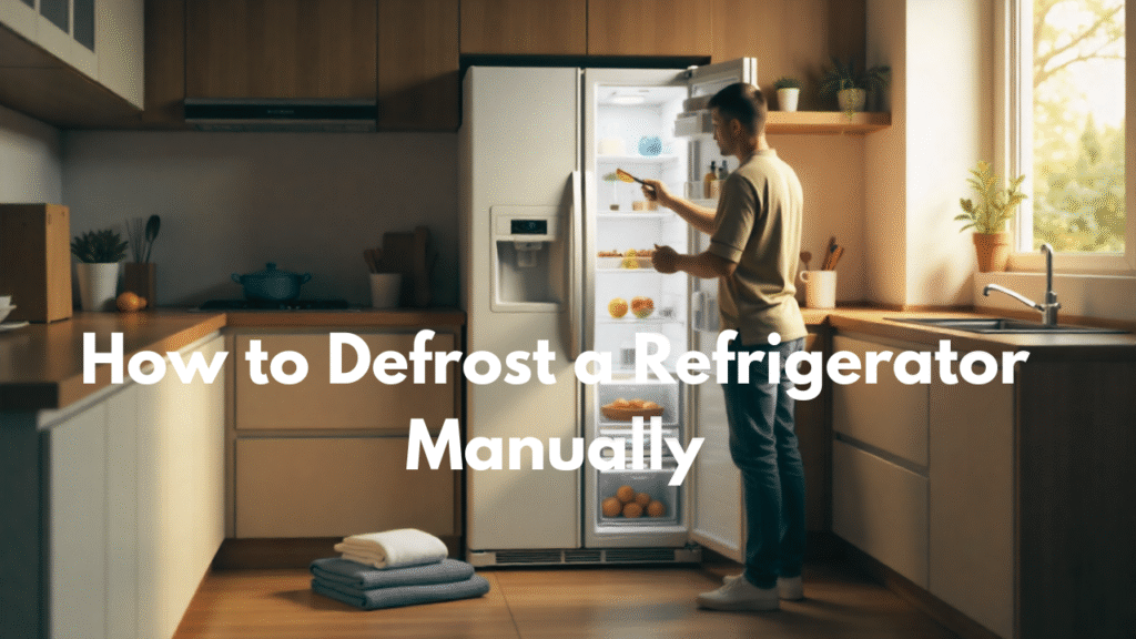A person manually defrosting a refrigerator in a Hyderabad kitchen, removing ice from the freezer compartment.