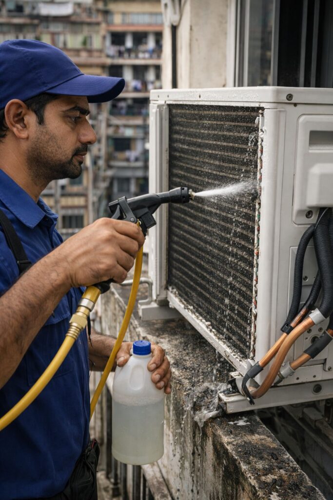 technician cleaning AC outdoor condenser coils to fix cooling problem in Kolkata