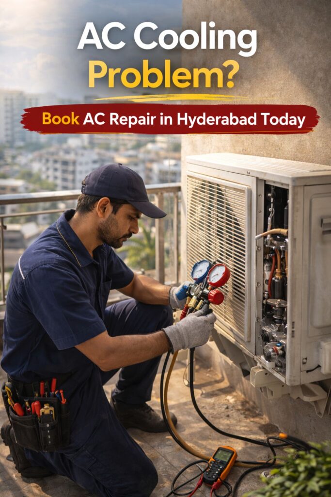 AC technician repairing outdoor condenser unit on Hyderabad apartment balcony