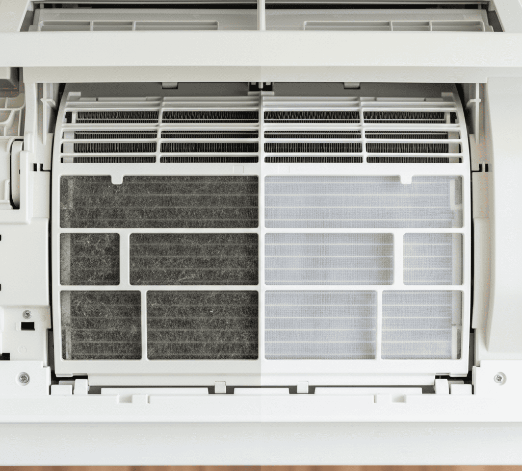 dirty and clean AC filters comparison after professional servicing in Kolkata

