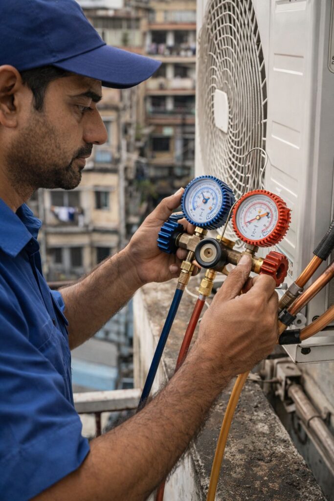 Technician diagnosing AC not cooling issue in Kolkata apartment