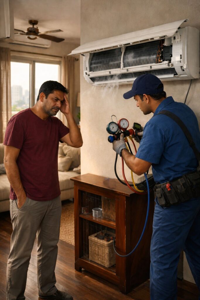 AC not cooling problem in Hyderabad apartment while technician inspecting split AC indoor unit