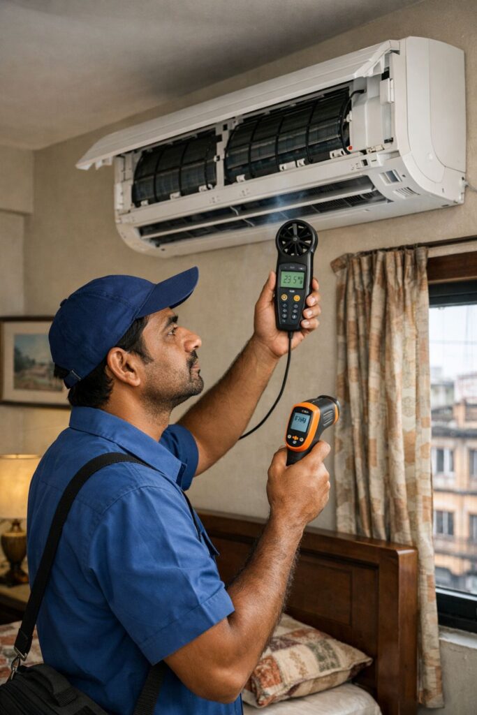 AC technician inspecting split AC not cooling problem in Kolkata home