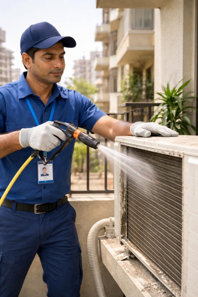 AC technician cleaning dusty outdoor condenser unit during AC service in Hyderabad apartment