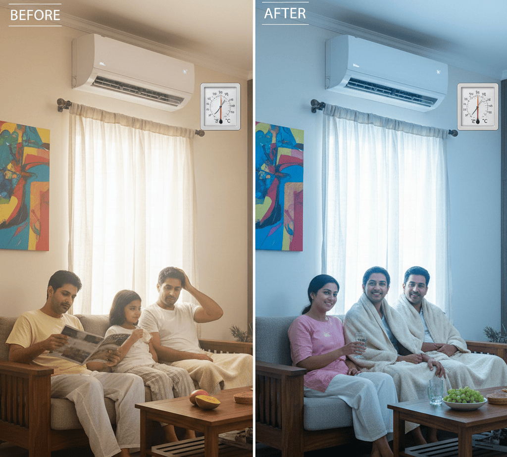 before and after air conditioner repair showing improved cooling performance in Hyderabad