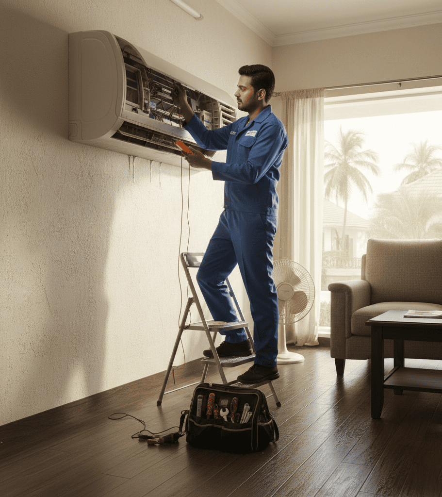 professional AC technician fixing air conditioner in Hyderabad home
