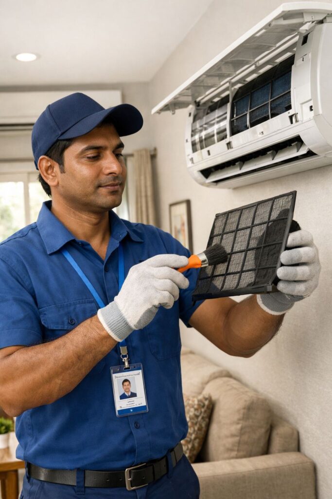 Professional AC servicing in Hyderabad technician cleaning split AC indoor unit in residential apartment