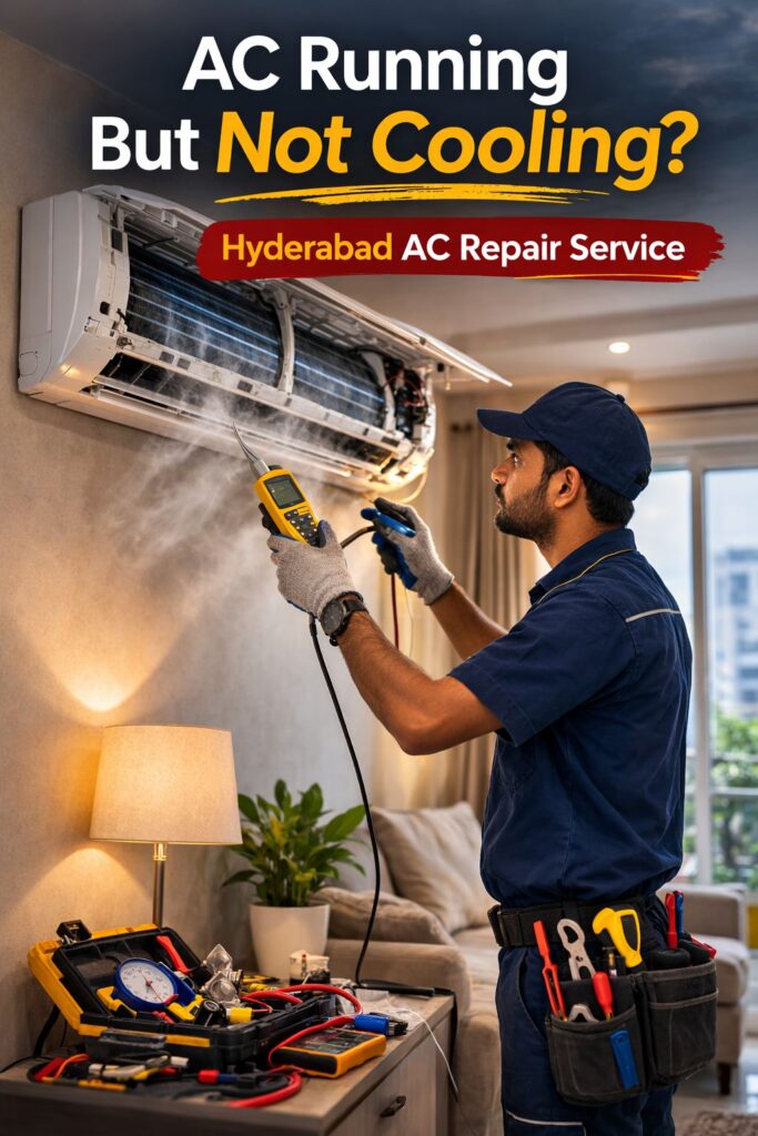 Indian AC technician checking air conditioner filters and cooling coils in Hyderabad home