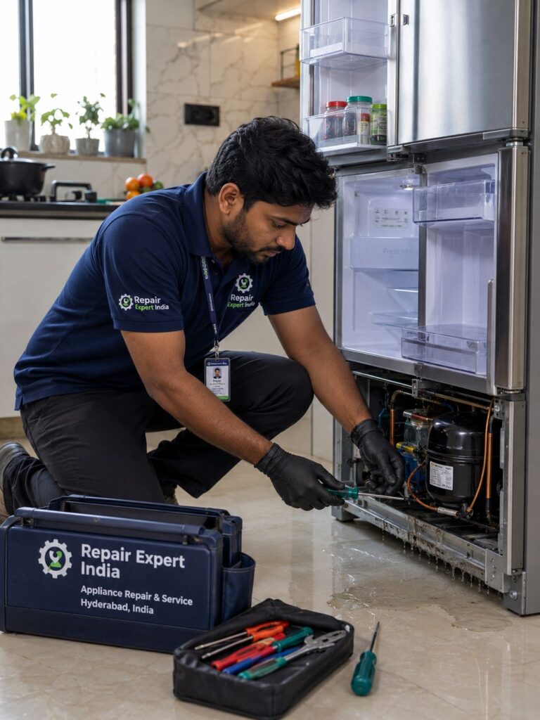 Repair Expert India technician repairing a double-door refrigerator with water leakage problems in Hyderabad.