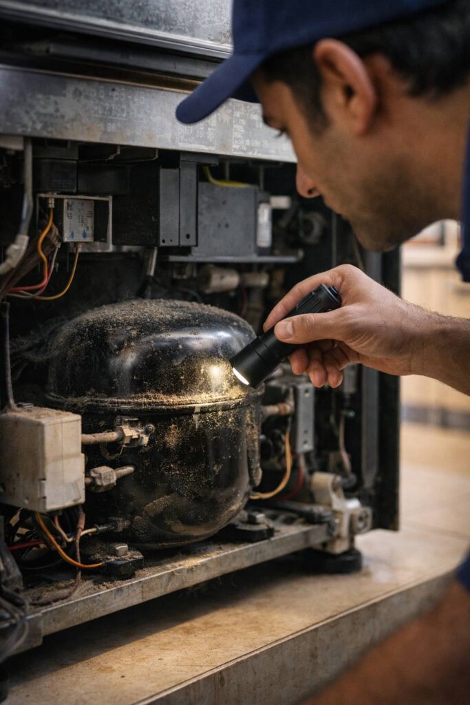 Technician checking noisy refrigerator compressor during fridge repair in Kolkata