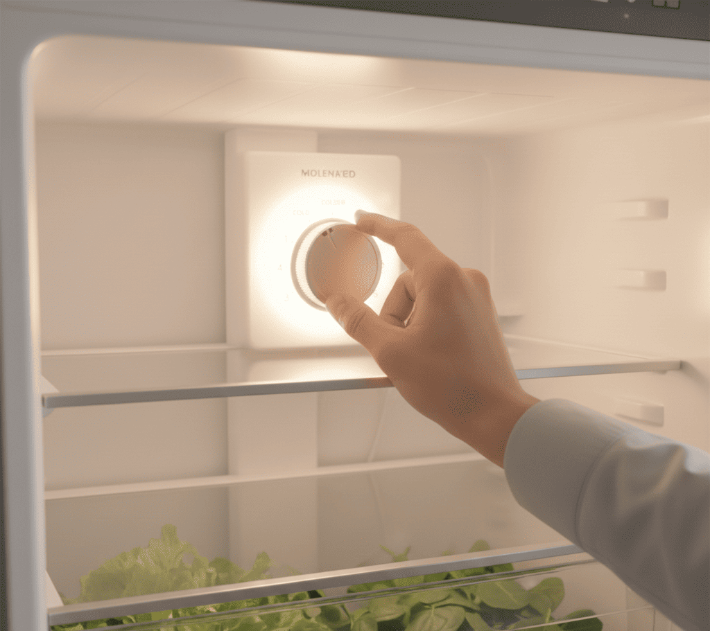 Person checking the digital temperature display on a modern fridge