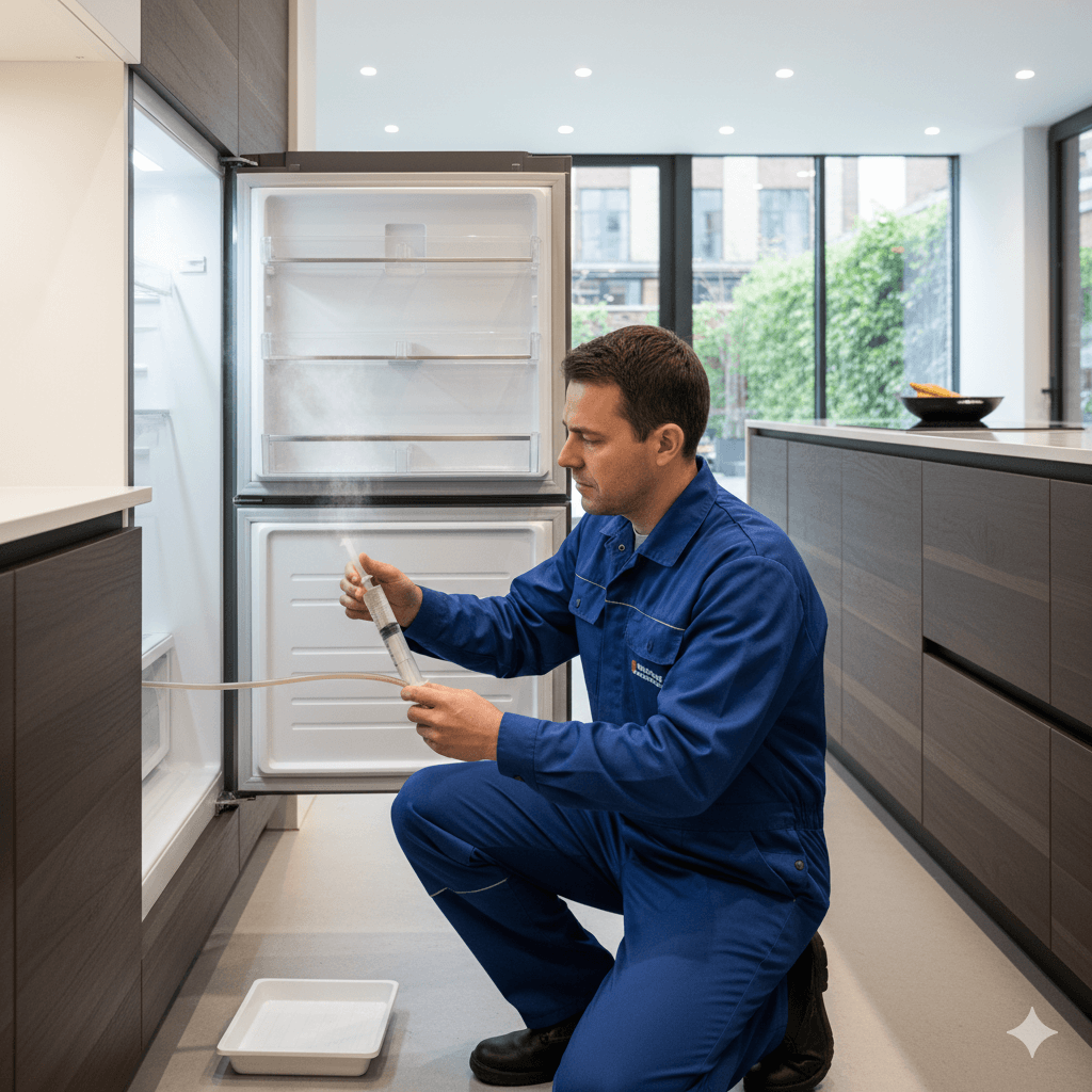 Technician replacing cracked drain pan