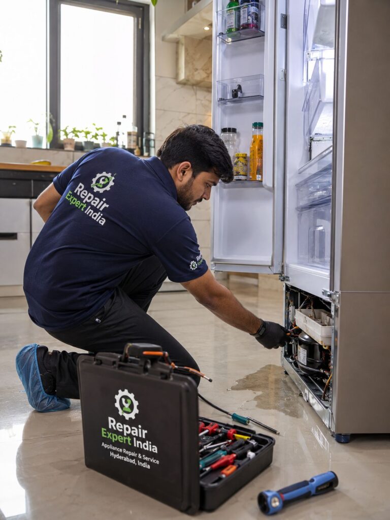 Technician providing Fridge Leaking Water Repair Service in Hyderabad by fixing a refrigerator drainage issue at a customer's home.
