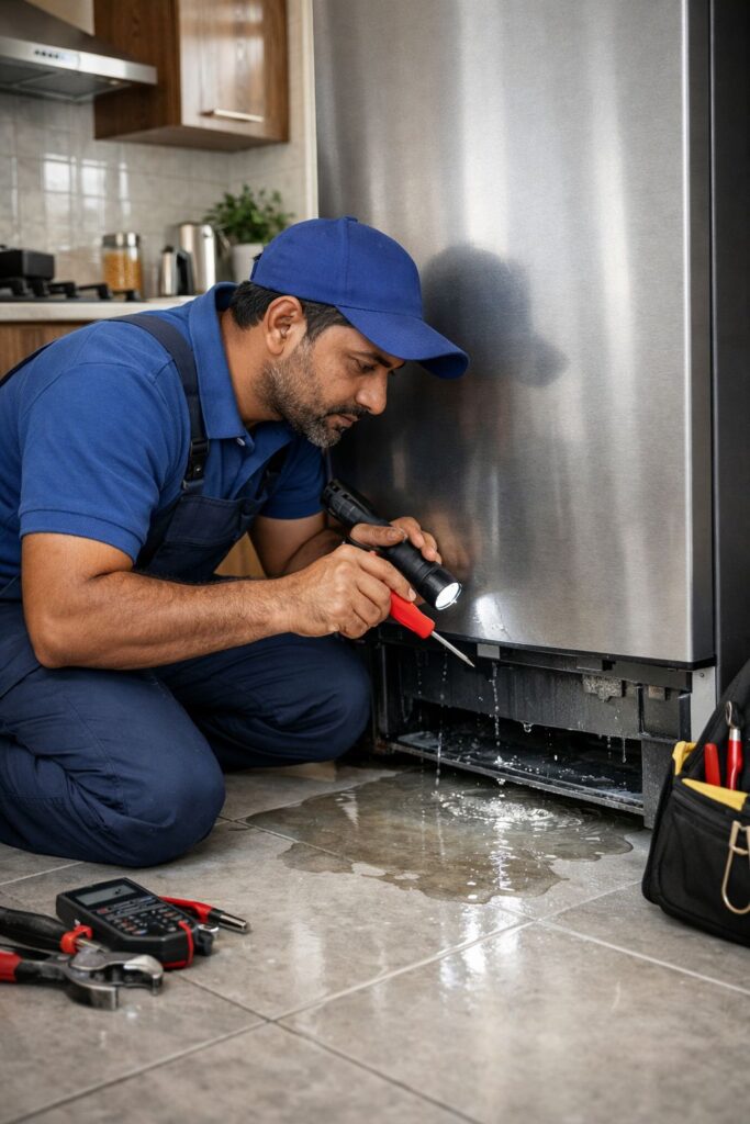 Indian technician inspecting a refrigerator leaking water in a Kolkata home kitchen