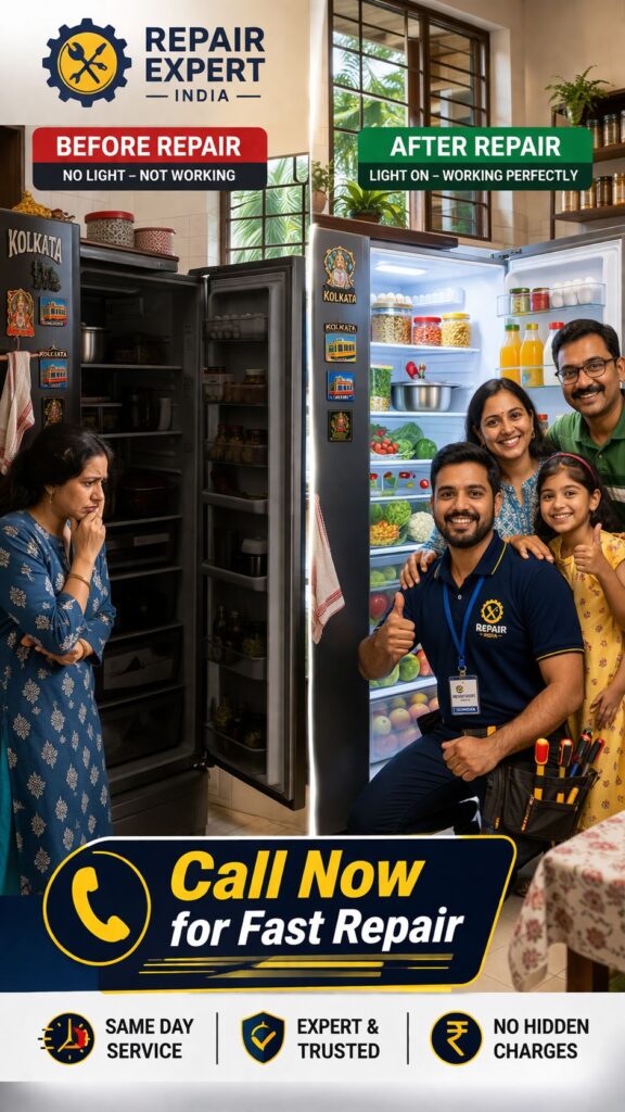 Before and after refrigerator light repair in Kolkata showing dark and bright fridge interior