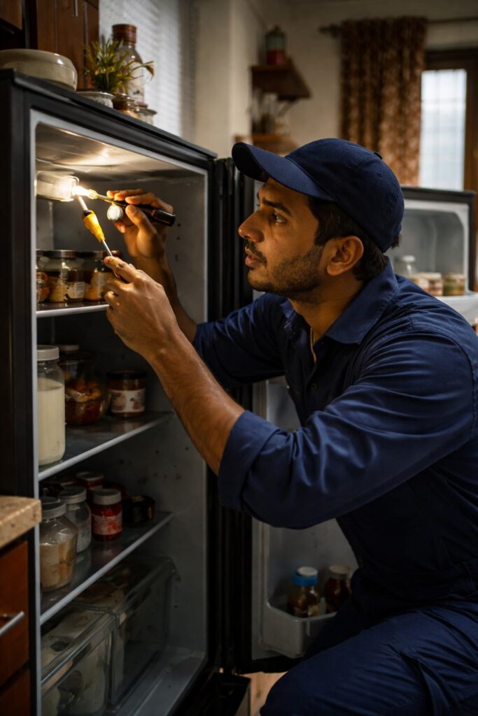 Fridge technician repairing refrigerator light in Hyderabad