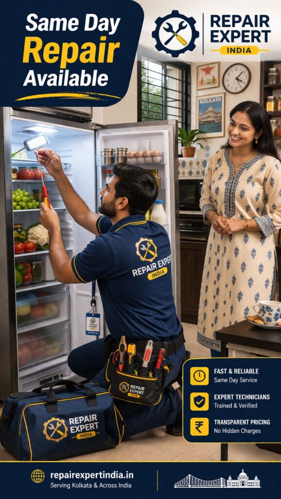 Fridge technician repairing refrigerator light at home in Kolkata same day service
