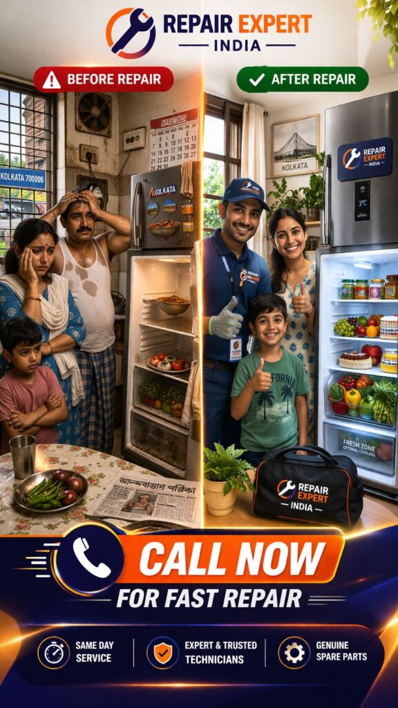 Before and after fridge repair in Kolkata showing non working and fully working refrigerator