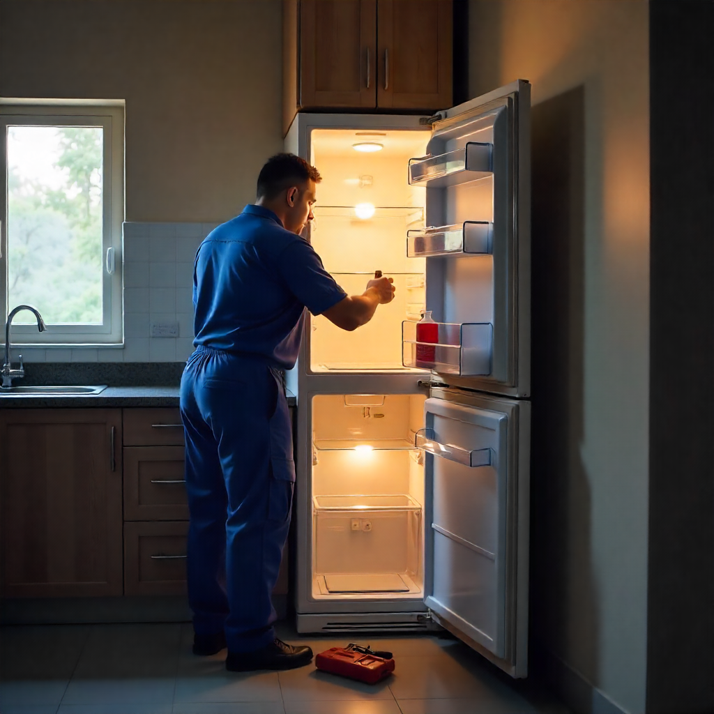 Technician repairing an overheating refrigerator compressor in a Hyderabad home kitchen during hot summer weather.
