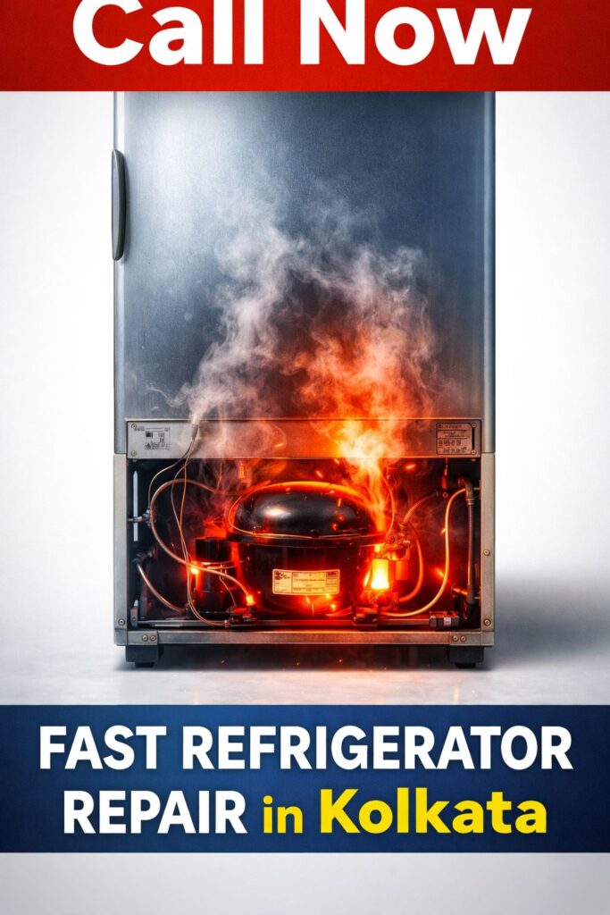 A skilled refrigerator technician inspecting and repairing a compressor in a Kolkata home. This represents fast and reliable fridge repair services available in areas like Dum Dum, Garia, Tollygunge, and Howrah with same-day service support.