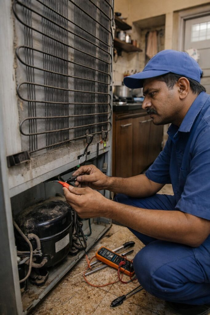 fridge repair technician checking refrigerator cooling problem in Kolkata