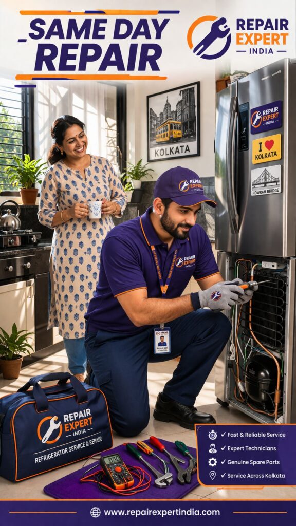 Professional fridge technician repairing refrigerator at home in Kolkata same day service