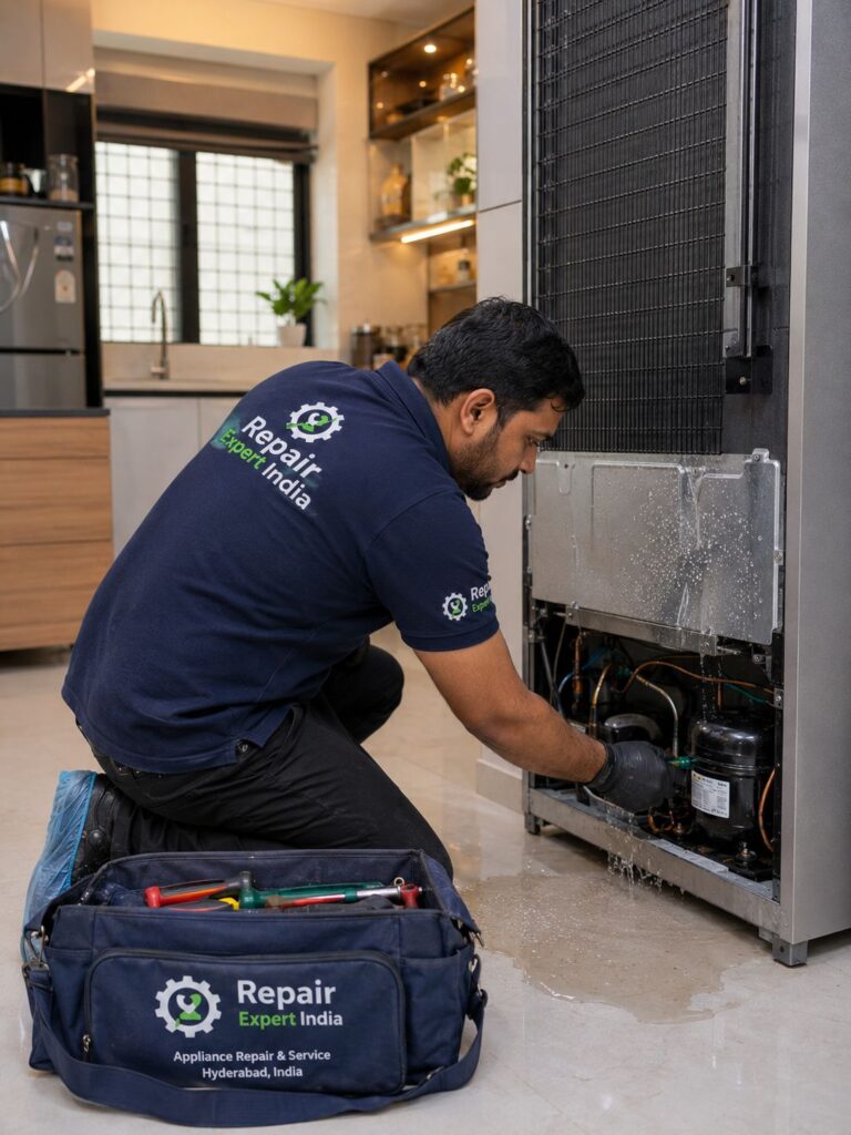 Before and after comparison of Fridge Leaking Water Repair Service in Hyderabad performed by Repair Expert India.