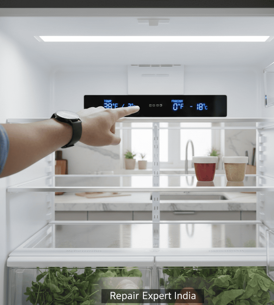 Guide-style illustration showing how to check a fridge temperature setting