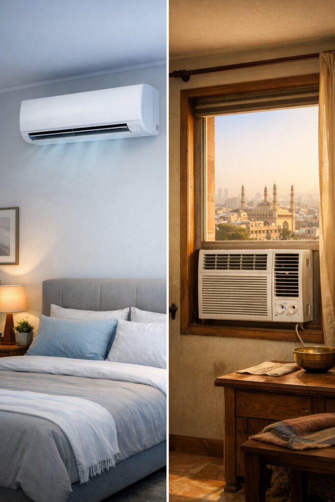 Hyderabad summer heat comparison split AC vs window AC cooling efficiency indoors