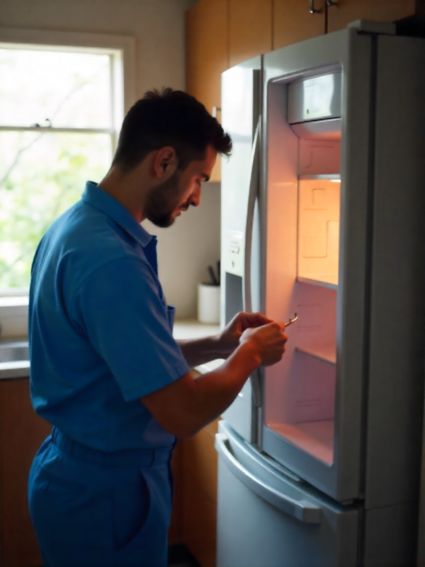 Technician repairing an overheating refrigerator compressor in a Hyderabad home kitchen during hot summer weather.