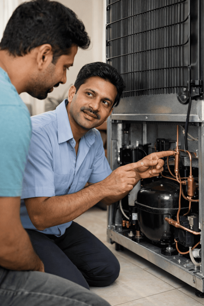 Technician explaining fridge gas leakage symptoms to customer in Hyderabad