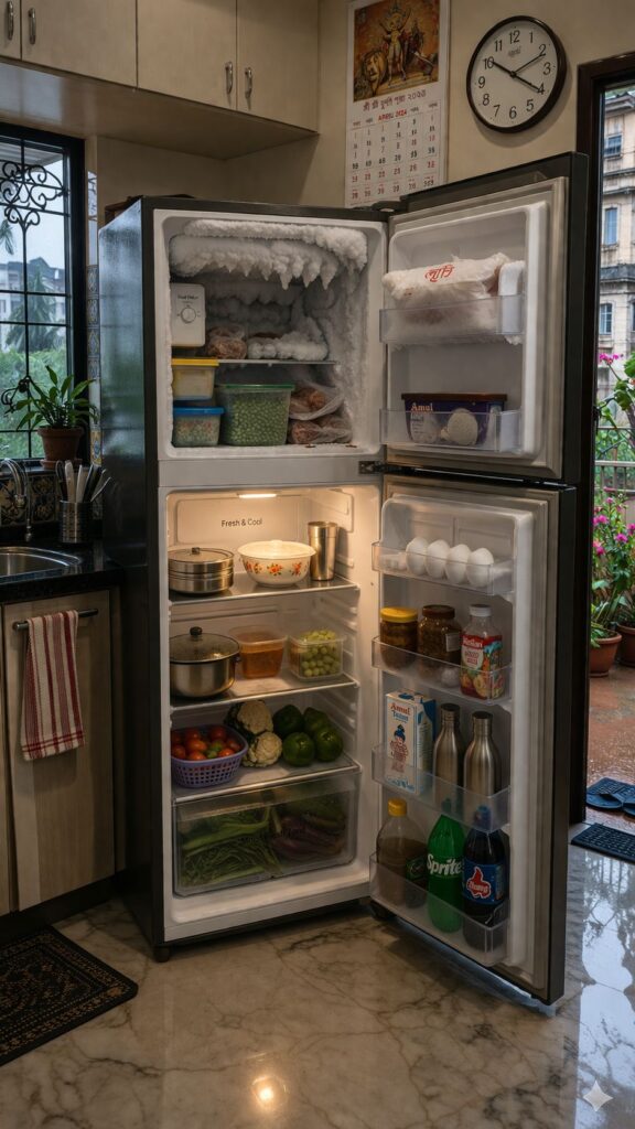 Heavy ice buildup inside refrigerator freezer in Kolkata home