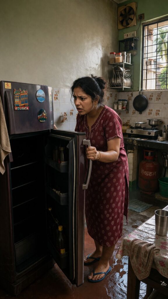 Refrigerator light not working in Kolkata home with person checking fridge in dark