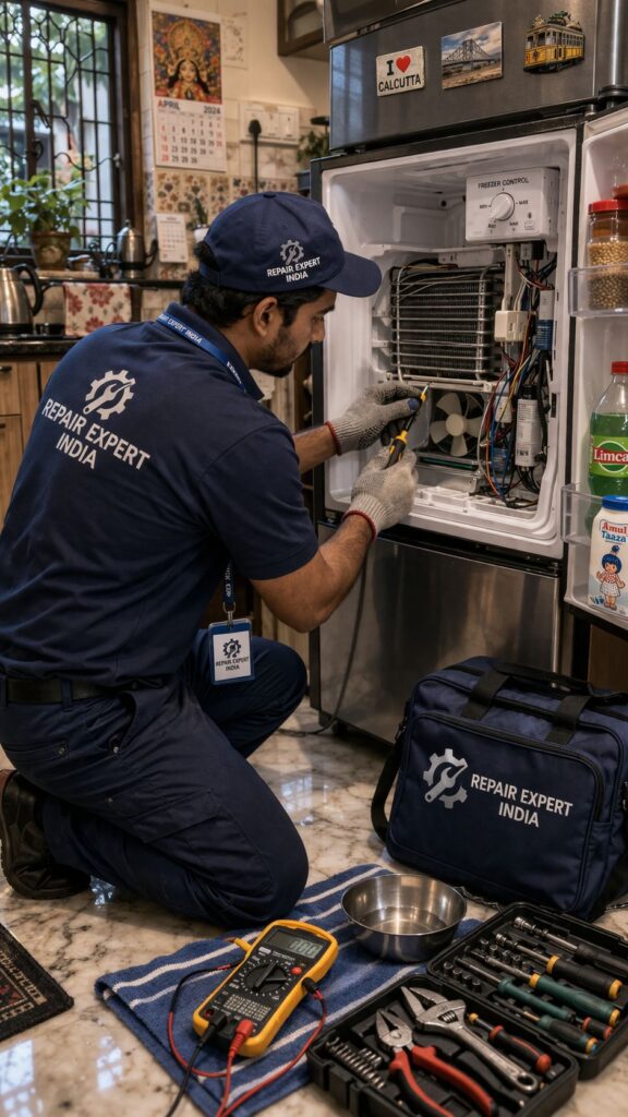 Technician repairing refrigerator in Kolkata home