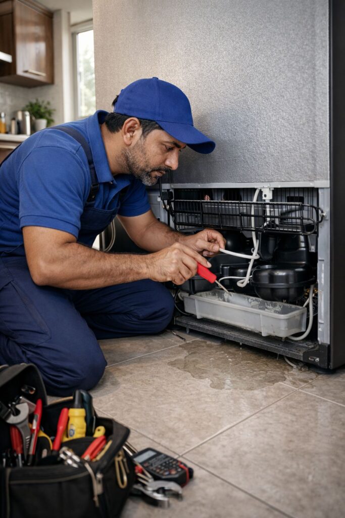 Refrigerator technician repairing fridge water leakage problem in Kolkata