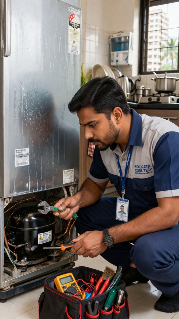 Refrigerator technician repairing compressor in Kolkata home