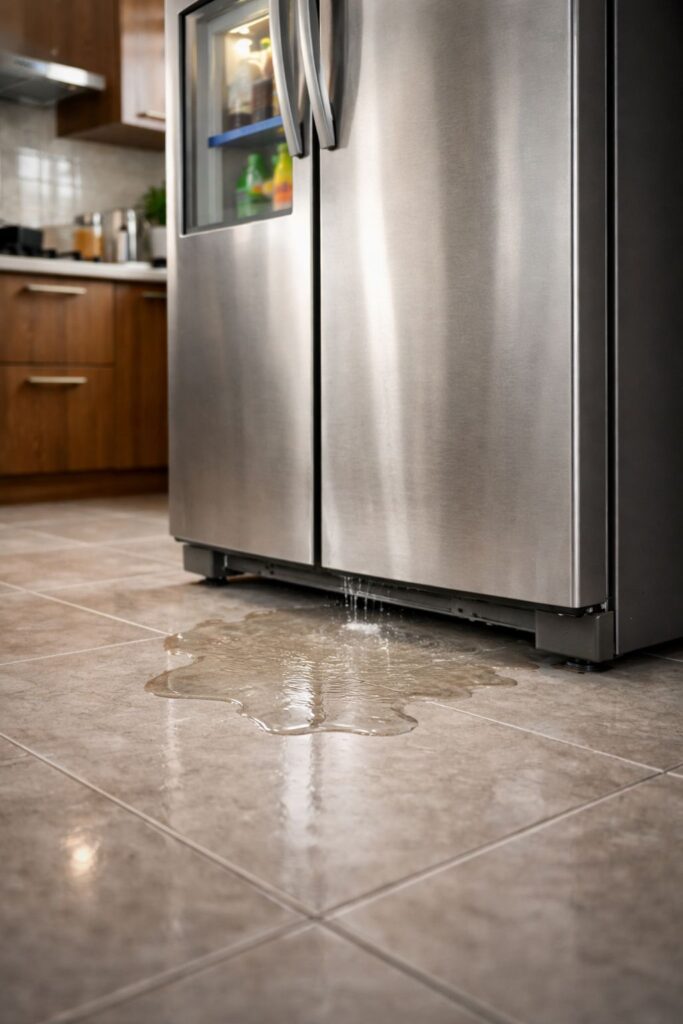 Water leaking from refrigerator onto kitchen floor in a Kolkata apartment