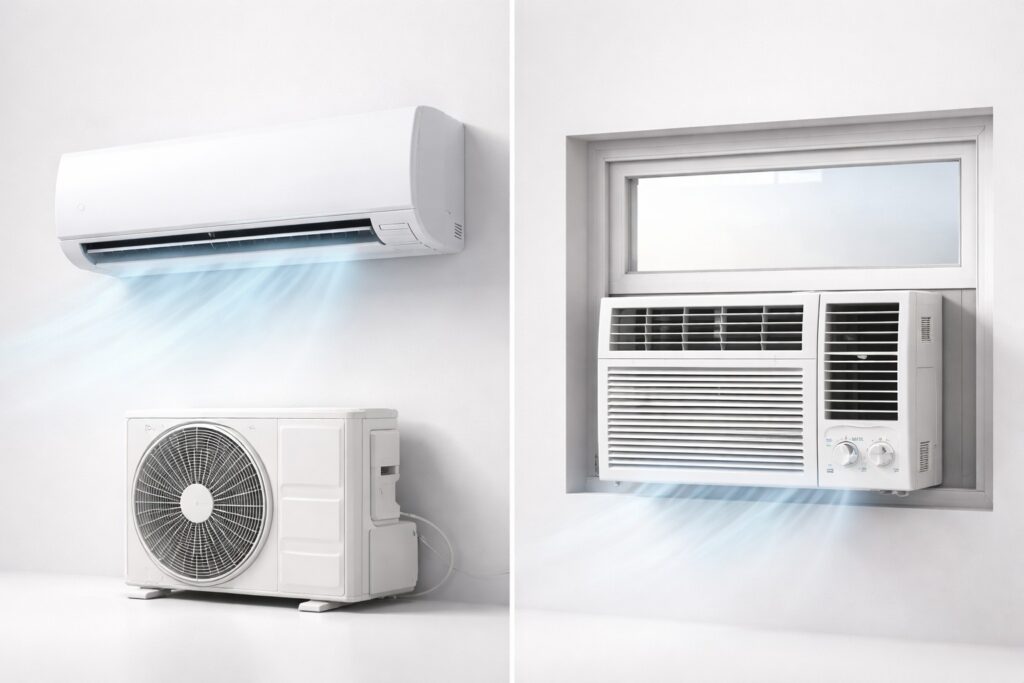 Split AC vs Window AC comparison in Hyderabad home showing cooling performance difference