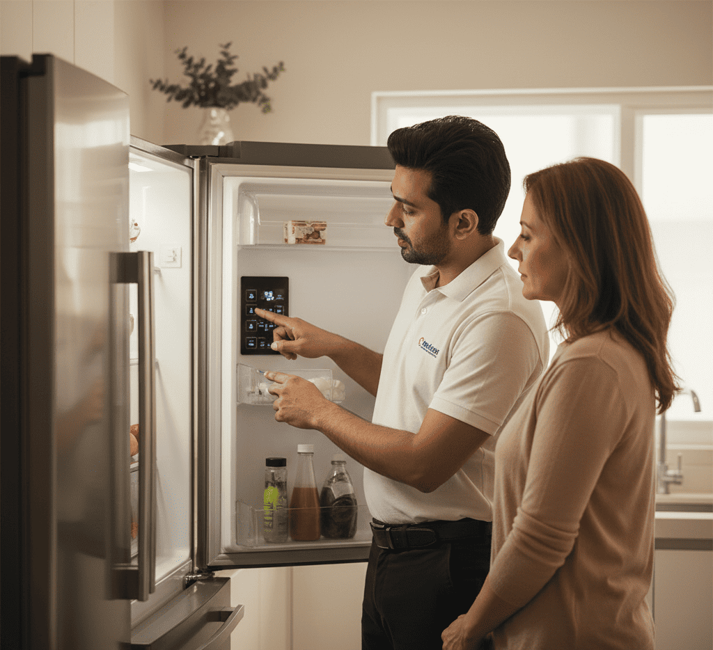 Guide-style illustration showing how to check a fridge temperature setting