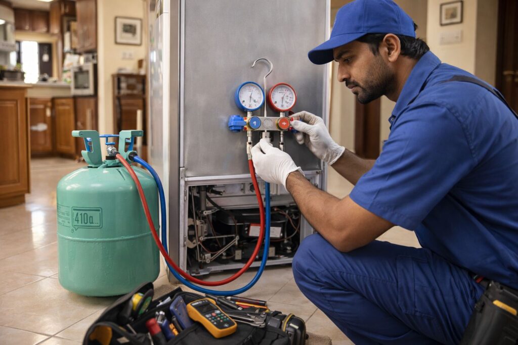 Technician performing refrigerator gas filling service in Hyderabad home