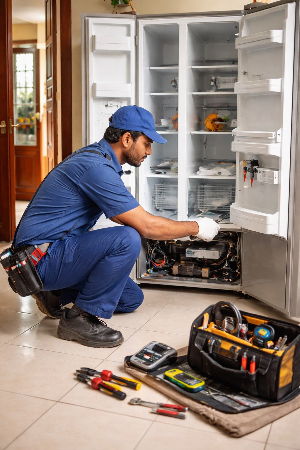 Technician repairing double door fridge at home in Hyderabad