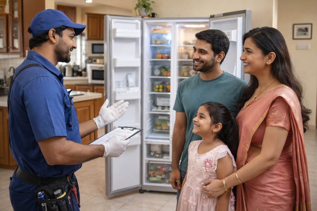 Happy family after successful refrigerator repair service in Hyderabad
