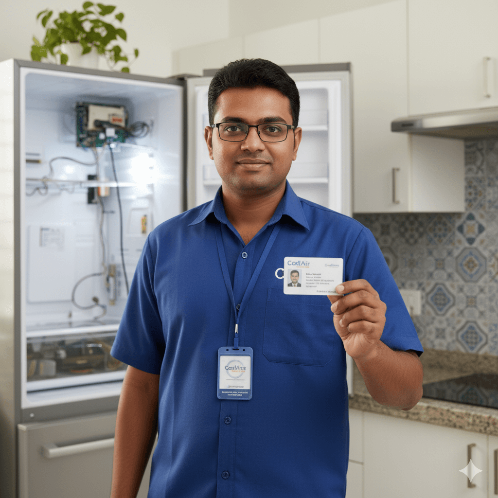 Close-up of a technician showing an ID card and service badge while standing beside a fridge, representing an authorized repair service in Hyderabad
