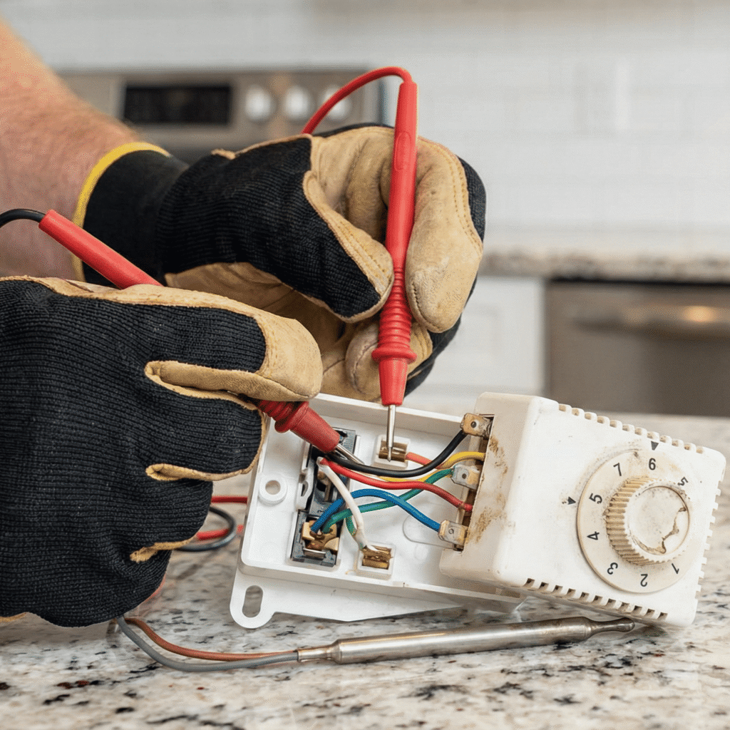 Close-up of a technician checking a fridge thermostat with a multimeter in a Hyderabad home.