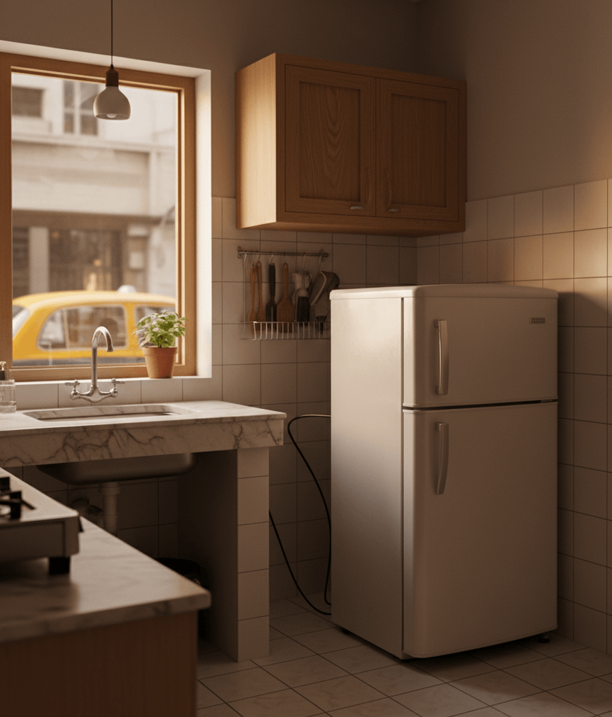 Fridge placed with correct ventilation gap in a Kolkata home.