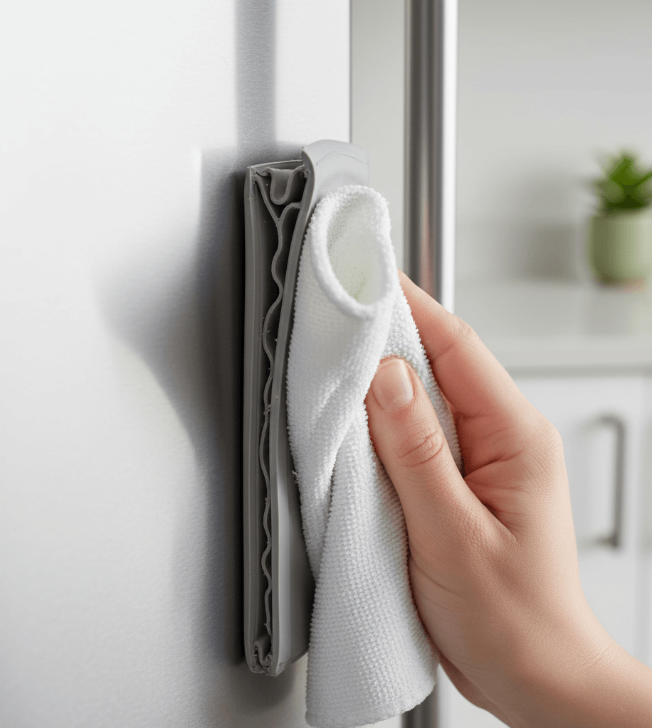 Wiping a refrigerator shelf spill to keep the fridge hygienic and odor-free.