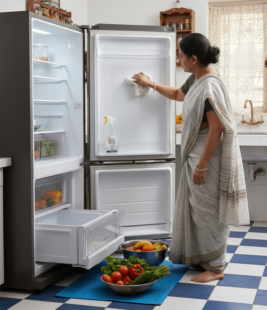Cleaning a fridge shelf spill to maintain a hygienic and safe refrigerator interior.