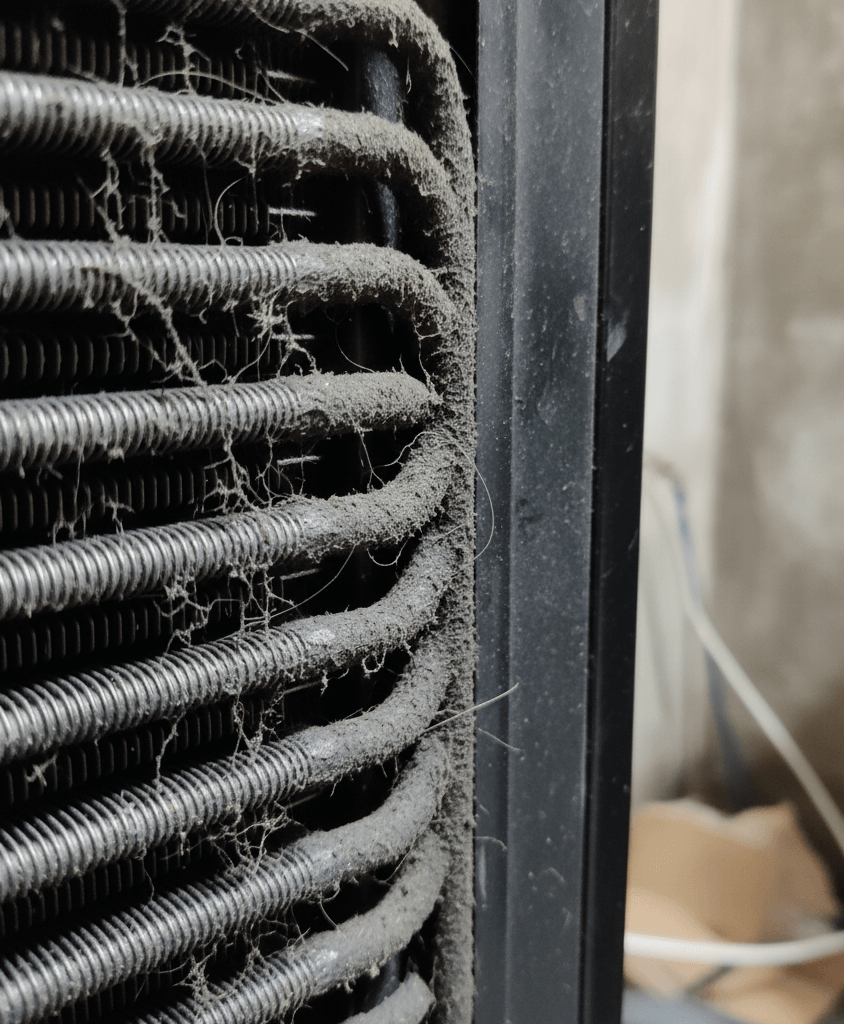 “Dust-covered refrigerator condenser coil causing cooling problems in Kolkata homes”