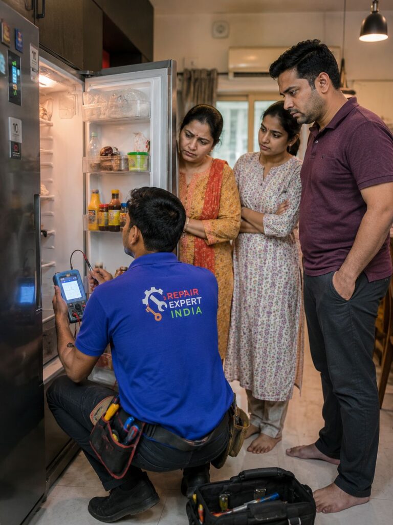 Emergency freezer repair service technician helping family in Hyderabad apartment