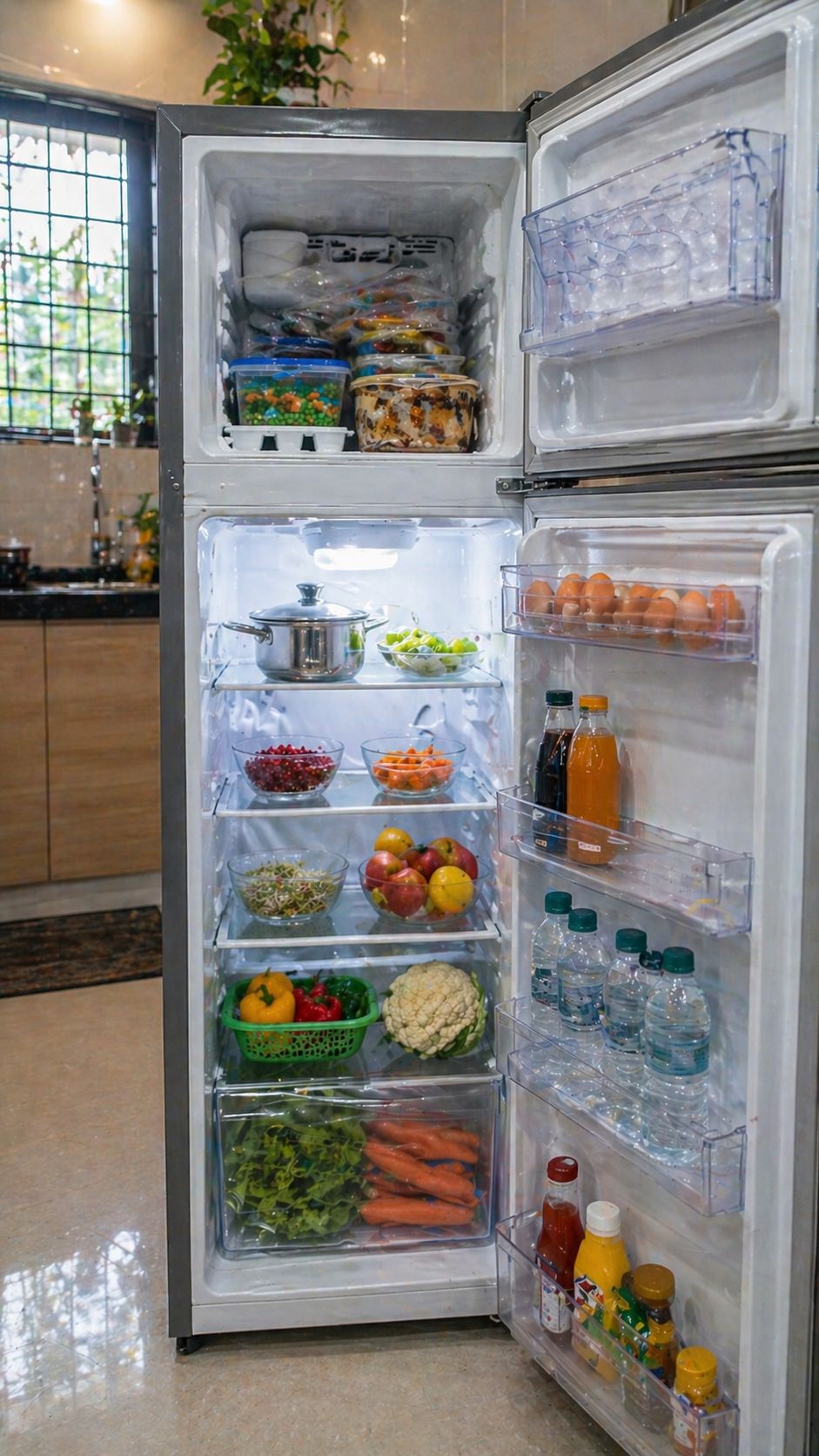 Fully working refrigerator after gas refill with fresh food and ice